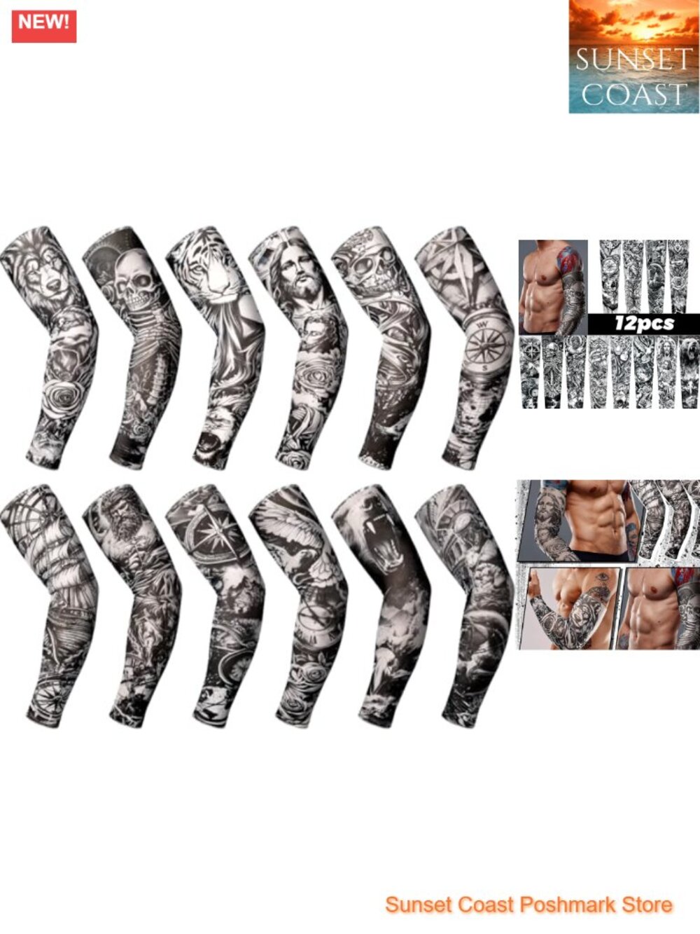 12 Pcs Men's UV Protection Compression Arm Sleeves Tattoo Cover Breathable